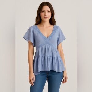 Zara Blue Crochet Embroidered Flutter Sleeve Blouse XS | Sheer Boho Peasant